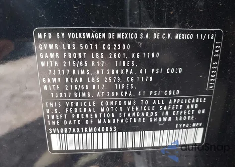 2019 Volkswagen Tiguan 2.0T S из США, поврежденный, VIN 3VV0B7AX1KM040653